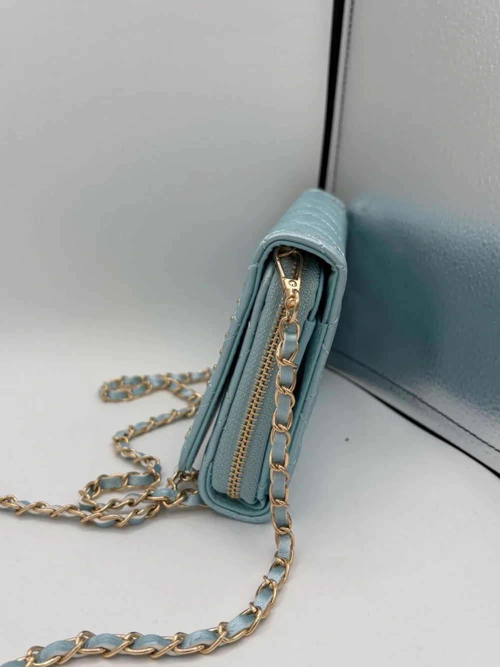 Badgley Mischka Quilted Light Blue Crossbody Wallet with Gold Chain and Logo
